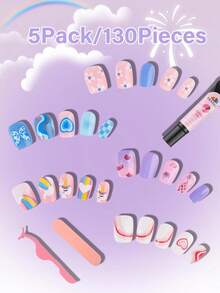 130片儿童美甲贴纸，EBANKU 5片儿童假指甲套装，复古可爱云朵爱心星星图案，适合8-12岁女孩，美甲用品 - 彩色 - 查看 2