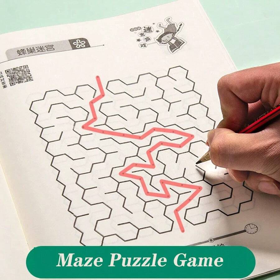 1pc Maze Book + Gift (2 Pencils, 1 Random Color Pencil Grip) Children's Logic Thinking Training, Attention Focus High Difficulty Game For Primary School Students - White - View 1