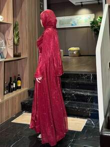 闪亮优雅褶皱披肩长袍，时尚反光面料晚礼服，适合各种派对和庆典，穆斯林女装 - 紅色 - 查看 6