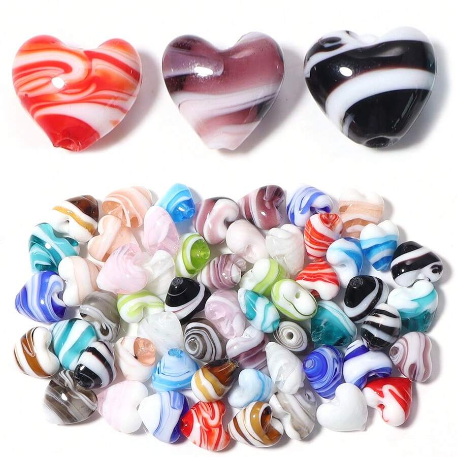 5颗/包 彩色卡通爱心条纹玻璃珠，15x15.5毫米竖孔珠，适用于项链、手机链、DIY手链、耳环、钥匙扣等饰品制作