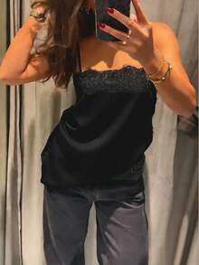 女士时尚街头风吊带背心，花卉蕾丝拼接缎面吊带衫，优雅露背无袖细肩带上衣，纯色编织面料蕾丝拼接性感晚宴约会日常夏季休闲黑色 - 黑色 - 查看 4