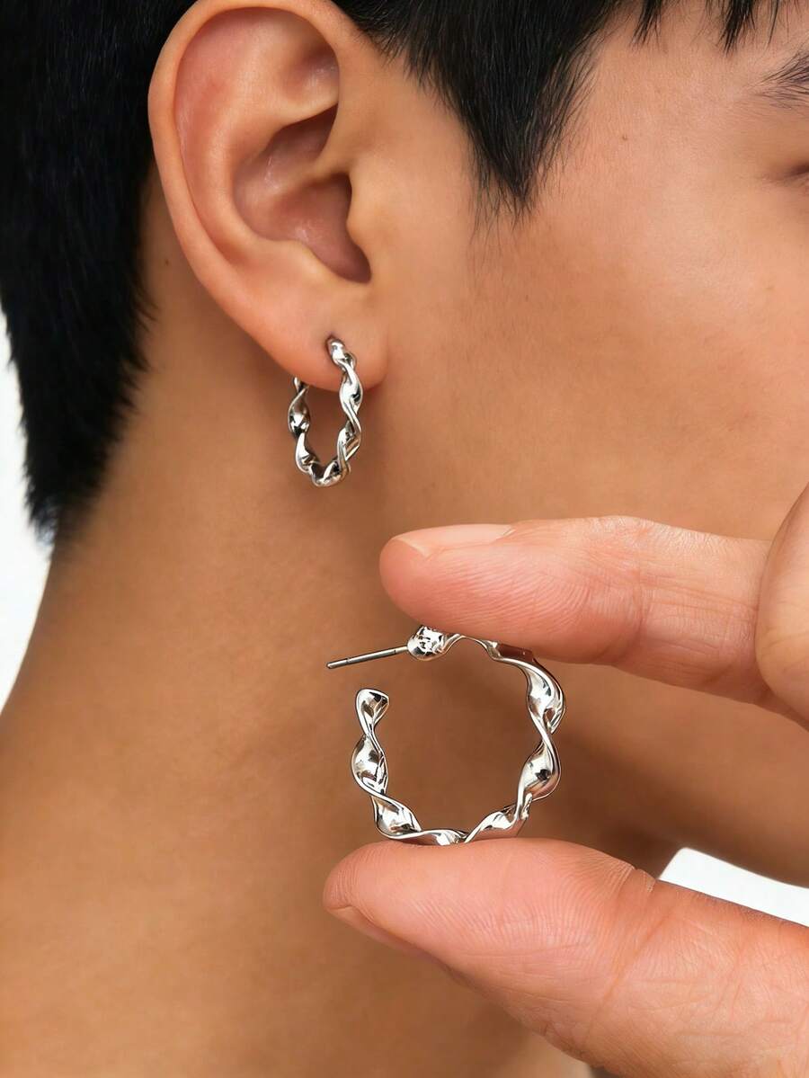 一对简约设计合金扭纹波浪C形男士耳环，适合日常佩戴和通勤。 - 銀色 - 查看 1