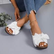 Women's Elegant Sandals With Bowknot, Thick Wedge Heel, Comfortable Versatile Beach Vacation Sandals, Fashionable Slides - White - View 2