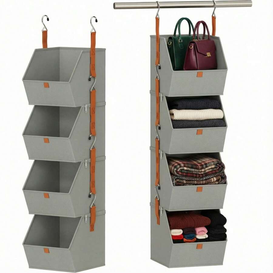 Closet Organizers And Storage 4-In-1 Modular Hanging Closet Organizer With Detachable Bins, Shelf Organizer For Closet System, Clothes Storage And Organization For Closet, Bedroom, Dorm & RV - 灰色 - 查看 1
