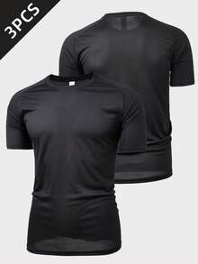 Bộ 3 áo thun nam nhẹ, thoáng khí, nhanh khô, màu trơn, cổ tròn, tay ngắn, kiểu dáng rộng rãi, thích hợp cho hoạt động thể thao ngoài trời, chạy bộ, mùa hè. - màu đen - Xem 2