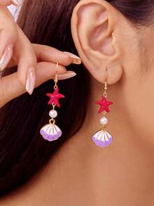 1 Pair Minimalist Starfish Pearl Seashell Earrings, Suitable For Beach Vacations, Versatile For Summer - Multicolor - View 4