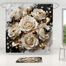 1pc/3pcs/4pcs Elegant Platinum Floral Multi-Function Bathroom Decor Shower Curtain Set, Free 12 Hooks Included, Luxury Holiday Vibe, Bathroom Mat, U-Shaped Mat And Round Toilet Mat, Suitable For All Scenarios - B - View 5