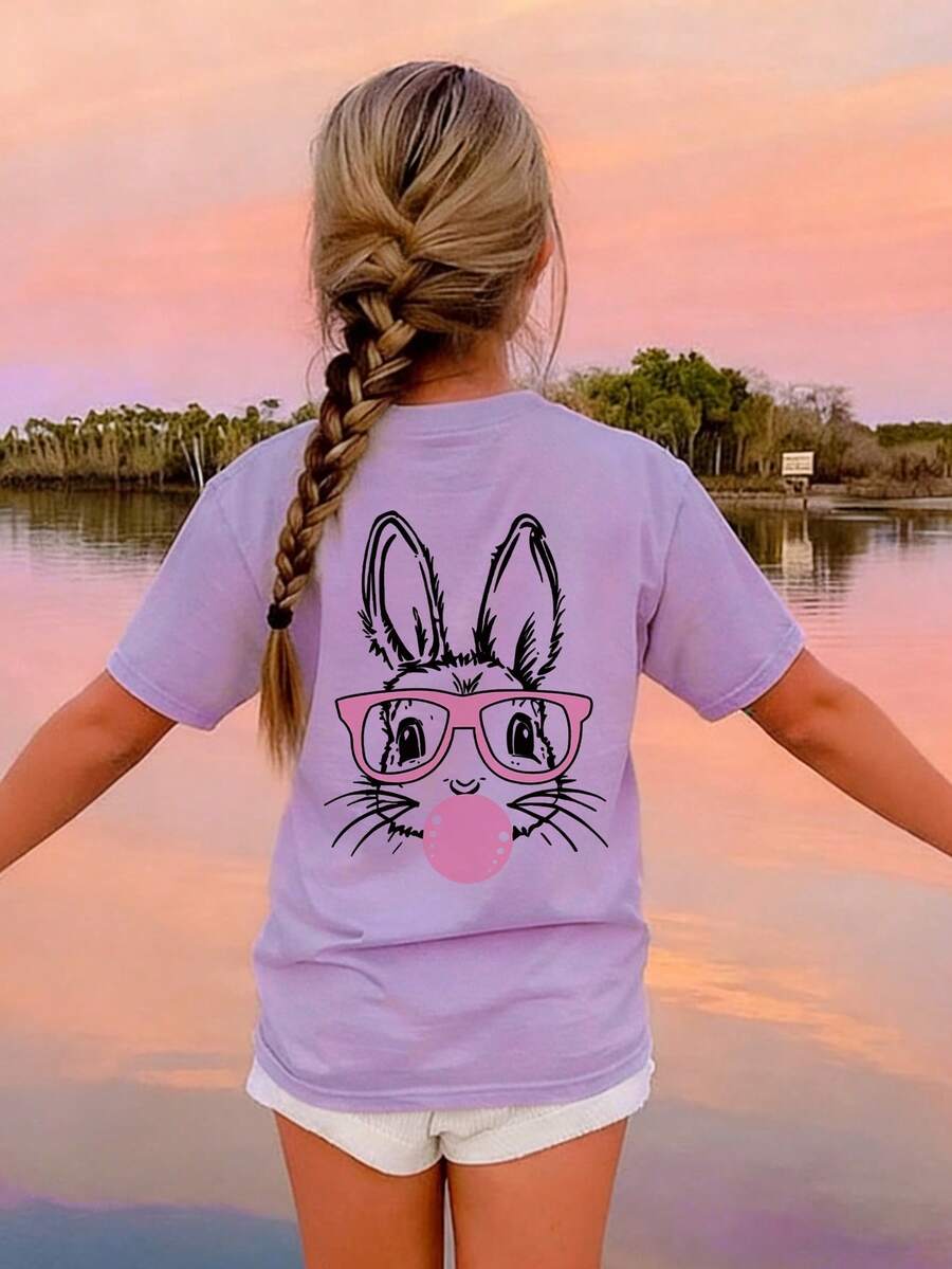 1 pieza Camiseta de manga corta con estampado de conejo soplando burbujas para niñas, nueva camiseta de verano suave y casual de cuello redondo, cómoda y transpirable para uso diario y vacaciones