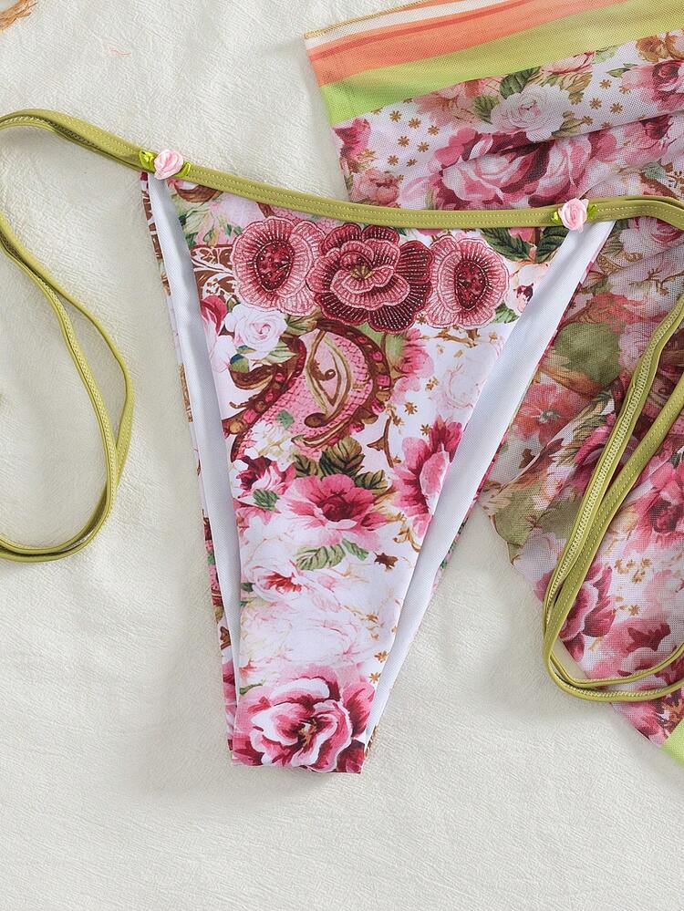 Set bikini da donna Onefish 2026, elegante set bikini con stampa floreale, laccetti al collo, sexy, abbigliamento da resort per donna, costumi da bagno da donna, estivo, set estivo da donna, bikini da spiaggia estivo donna 2026, abbigliamento estivo per vacanze - Rosa - Visualizzare 5