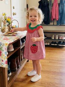 Toddler Baby Girls Plaid Dress Fashionable Strawberry Embroidery A Line Tank Dress - Red - View 4