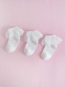 3 Pairs Children White Lace Trim Socks, Elegant & Casual Versatile Mesh Socks - White - View 13