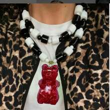 Dainty Teddy Party Wear Multi-Layer Chunky Green Cute Bear Necklaces, White & Black Beaded Pendant Necklace, Fashion Jewelry Gift For Women - Black and White Beads - View 3