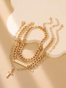 Tkool 3pcs/Set Classic Safety Pin, Paper Clip, Cross Mixed Design Bracelet Set For Women - Yellow Gold - View 5