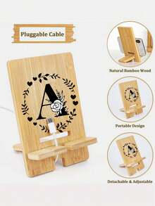 [Creative Letter Style] Natural Solid Wood Mobile Phone Holder A-Z Engraving Removable Creative Desktop Holder Ins Style Wooden Mobile Phone Holder Suitable For Office, Home, Daily Life, Study, 26 Letters Optional Materials And Easy To Assemble Holiday Gifts/Anniversary/Birthday Gifts - Multicolor - View 2