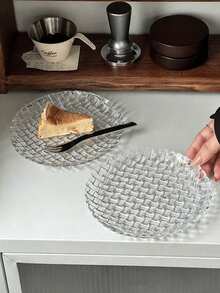1pc Creative High-End Woven Texture Glass Round Plate, Elegant Transparent Breakfast/Fruit/Dessert Serving Tray - Clear - View 5