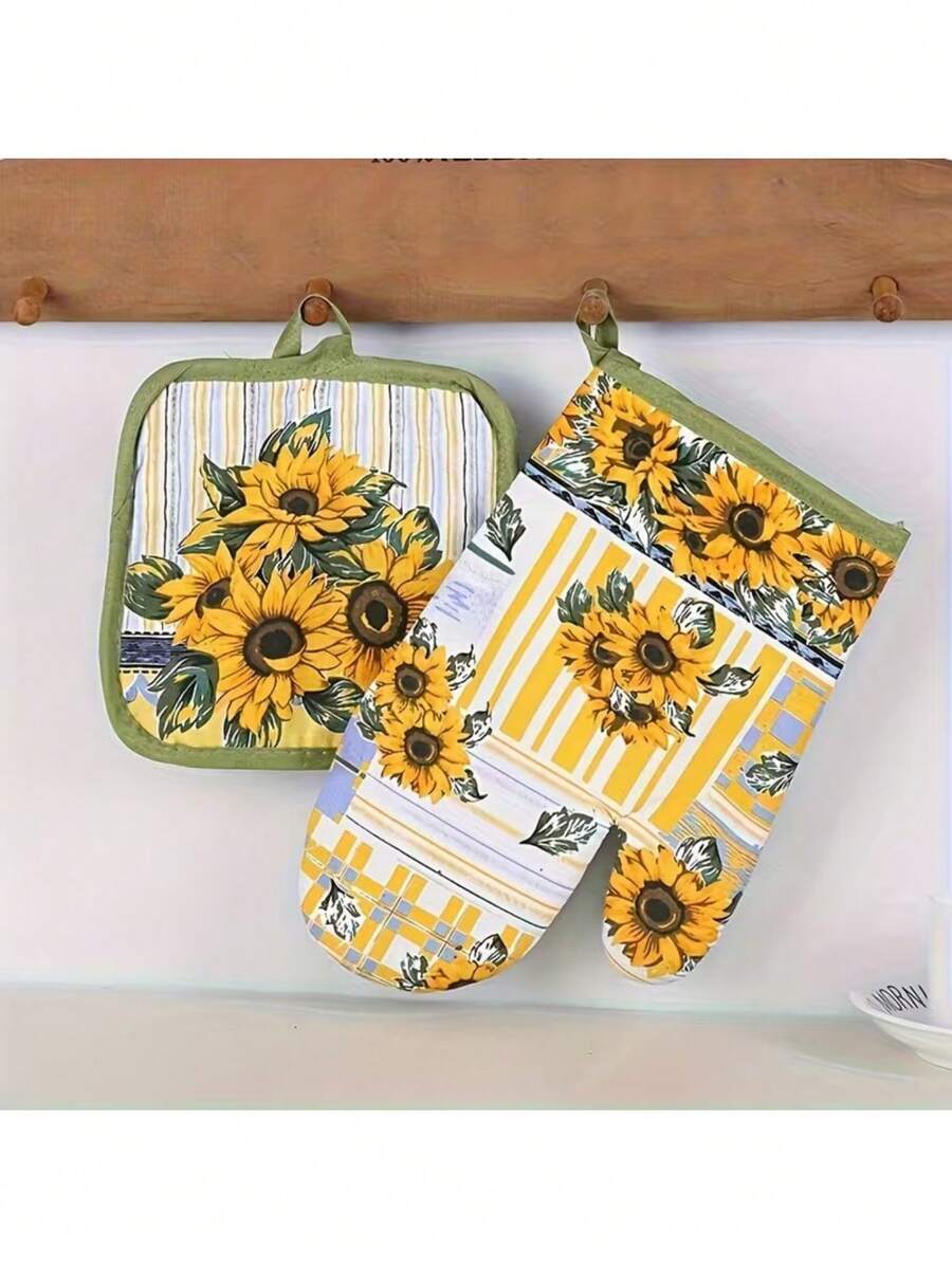 2pcs/Set Heat Resistant Oven Mitts & Pot Holders, Thick Non-Slip Kitchen Baking Gloves - Multicolor - View 1