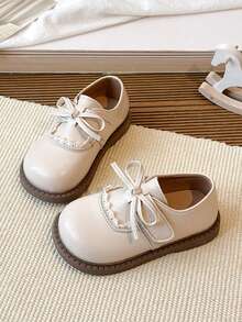 1 Pair Girls Leather Shoes, Butterfly & Pearl Design, Soft Bottom, Versatile Princess Loafers, Suitable For Spring & Autumn - Beige - View 5