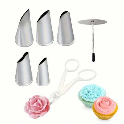2/7pcs Cake Decorating Tool Set - Rose Piping Nozzles, Piping Nail, Piping Scissors, Cake Piping Nozzles, Cupcake Liners, Baking Tray, Baking Tools, Cake Decorating Tools, Cream Cookies, Kitchen Gadgets