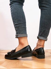 女士乐福鞋，圆头流苏平底乐福鞋，户外复古一脚蹬鞋，女鞋，休闲鞋 - 黑色 - 查看 5