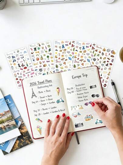 310+张复古季节贴纸套装，适用于计划本、日历、相册和日记本。适配2026年Happy Planner，半光泽纸质，自带背胶。适用于日记本、计划本、相册和各种收纳整理工具。