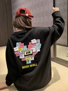 1pc Women's Casual Loose Fit Round Neck T-Shirt, Double-Sided Heart & Memo Pad Print, Fashion & Versatile, Spring 2026 - Black - View 1