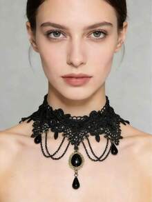 1件 时尚优雅复古蕾丝吊坠项链 - 黑色 - 查看 3