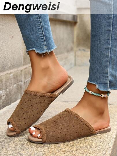 Camel Color Braided Decor Random Irregular Polka Dot Print Open Toe Flat Sandals, Casual Versatile Vacation Commute Daily Fashion Shoes For Women, Spring/Summer