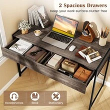 COSTWAY Computer Desk With 2 Drawers, Compact Writing Desk With Heavy-Duty Metal Frame, Multipurpose Computer Workstation Vanity Table For Bedroom, Home Office, Gaming Room, Grey - Grey - View 5