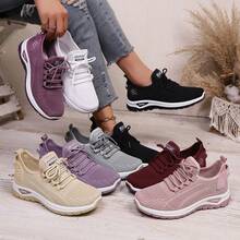 Women's Solid Color Casual Sports Fashion Fabric Lace-Up Flat Shoes, Comfortable Breathable Mesh Shoes, Low-Top Lace-Up Side Logo Heel Design Suitable For Home, Outdoor, Hiking, Travel And Various Occasions, All Season Wear, Women's Gift - White - View 1