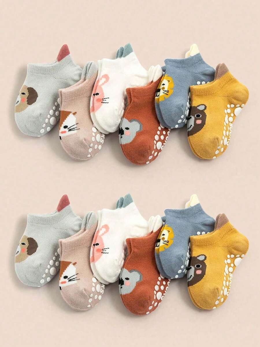 12/6 Pairs Anti-Slip Gel Baby Socks, Cute Cartoon Children's Boat Socks, Suitable For 0-36 Months Boys And Girls, Casual Sports Socks, Toddler Floor Socks With Grip, Crawling Infant Socks, Match All Outfits, Daily Wear And Gift, Valentine's Day/Thanksgiving Gift