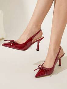 Elegantes tacones altos de cuero patentado burdeos con decoración de lazo, adecuados para Año Nuevo, Día de San Valentín y uso en días festivos - Beis - Ver 4