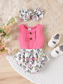 2pcs/Set Cute & Sweet Baby Girls Pink Romper + Printed Shorts Set, Spring/Summer - Hot Pink - View 3