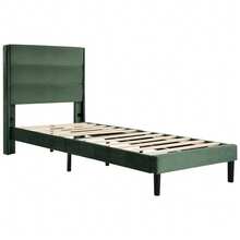 Upholstered Bed 90 X 200 Cm, Bed Frame With Headboard, Double Upholstered Bed, Dark Green Velvet Fabric, Bed For Young People - Green - View 9