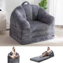 MAXYOYO Folding Sofa Bed, 2 In 1 Convertible Sofa To Lounger Comfy Single Bean Bag Chair For Adults, Floor Sleeper Couch With Handle, Faux Fur Couch Bed For Living Room Bedroom, Beige - 灰色 - 查看 10