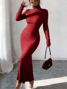 Solid Color Casual High Neck Dress - Burgundy - View 4