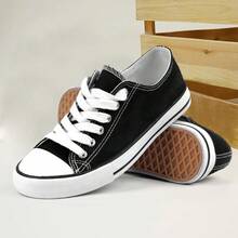 1 Pack Women's Fashion White Sneakers Slip Casual Tennis Shoes Women Low Canvas Shoes Canvas Sneakers Women Lace Up Fashion Comfortable Walking Shoes - 黑色 - 查看 2