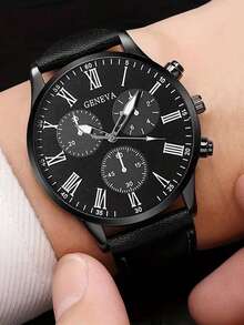 3 PiecesLuxury Business Watch Set For Men, Including 1 Black Leather Strap Quartz Watch (Roman Numeral Dial), 1 Black Embossed Wallet, And 1 Business Ballpoint Pen. The Overall Design Is Simple And Elegant With Outstanding Quality, Suitable For Wearing With A Suit.