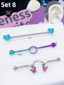 Bộ 3 khuyên tai phong cách công nghiệp Y2K, bao gồm khuyên tai hình rắn và trăng khuyết, khuyên tai hình trái tim và cánh bằng thép không gỉ, và khuyên tai dạng thanh hình răng bướm, phù hợp cho cả nam và nữ, kích thước 38mm/1.5" thích hợp cho xỏ khuyên công nghiệp, xỏ sụn, thích hợp cho Halloween, Giáng sinh, tiệc tùng và đeo hàng ngày. - Màu xanh nhạt - Xem 10