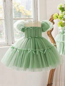 女童圆领水钻蝴蝶结网纱优雅舞会礼服，适合生日派对、毕业典礼、重要场合，不含头饰 - 綠色 - 查看 2