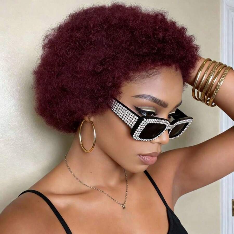 Tóc giả xoăn tít kiểu Afro Kinky Pixie làm từ tóc thật, chất lượng cao, màu đỏ rượu vang rực rỡ, đường chân tóc tự nhiên, thích hợp cho phụ nữ mặc hàng ngày và dự tiệc. - Nhiều màu - Xem 1