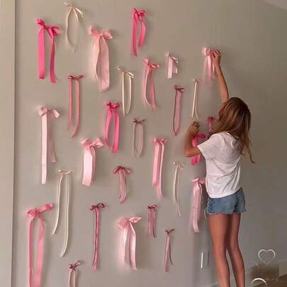 27 piezas Conjunto de decoración de pared con lazos rosas, lazos hechos a mano de varios tamaños, estilo princesa bailarina, decoración de fondo para fiesta con lazos DIY, fiesta de cumpleaños, decoración de despedida de soltera, decoración de boda, decoración de dormitorio