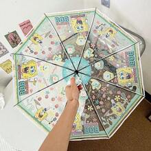1pc Spongebob Printed Foldable Transparent Umbrella, Cute Spongebob All-Over Print Design For Women/Girls - Fun Cartoon Details, Super Eye-Catching! - Multicolor - View 7