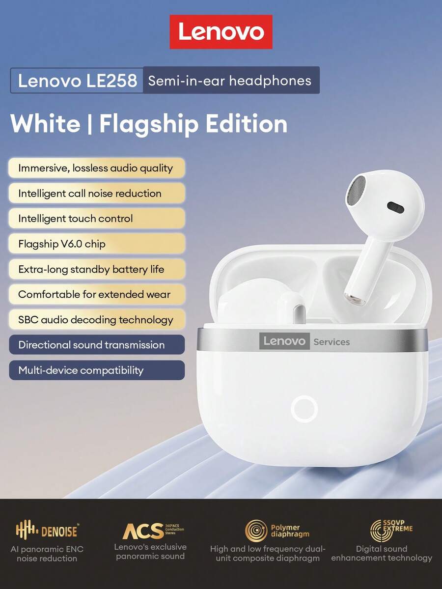 Auriculares Bluetooth Lenovo LE258, semi-intrauriculares Bluetooth 6.0 de alta calidad, escucha de música diaria, llamada inteligente, cancelación de ruido, juegos, posicionamiento de sonido, larga duración de la batería, auriculares inalámbricos, compatibles con Apple, Huawei, smartphones, computadoras, regalo para vacaciones