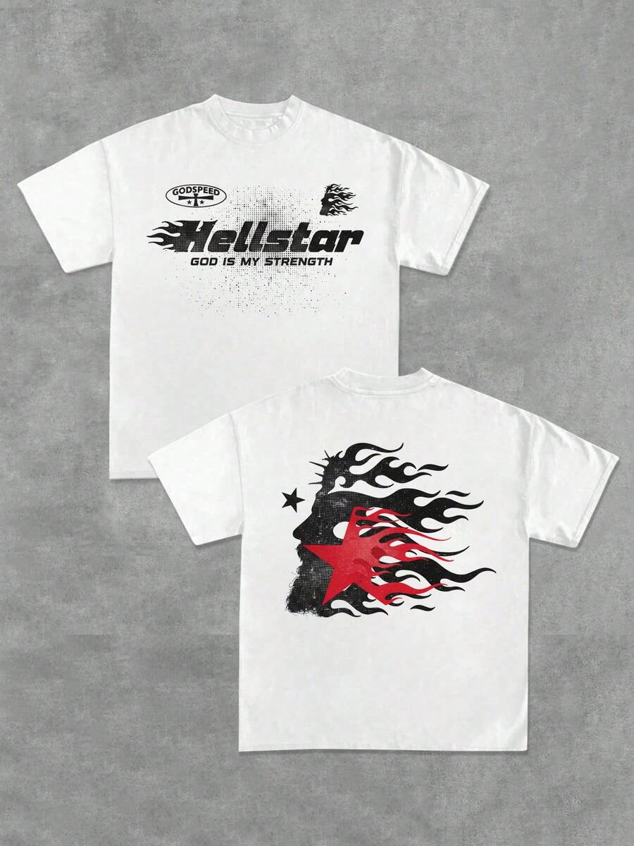 (220 Cotton T-Shirt Double-Sided Printing) 1pc  Flame & Star Graphic T-Shirt, Y2K, Streetwear, Digital Print T - Shirt Casual Comfort Cotton Tee For Spring & Summer Fall Men's Clothing, Halloween Gift,Unisex - 白色 - 查看 1