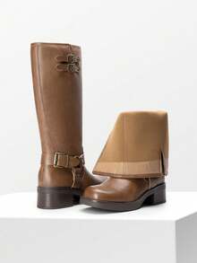 Women's Motorcycle Boots Side Zipper Knee High Boots Square Toe Chunky Low Heel Buckle Decorated Biker Fashion Long Boots Festival Dresses - 摩卡棕 - 查看 6