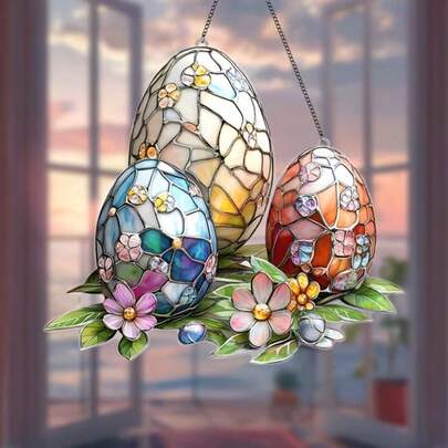 2D亚克力复活节彩蛋主题阳光捕捉器 | 窗户装饰，适用于家居、咖啡馆、餐厅，完美的户外花园悬挂装饰，复活节礼物送给朋友