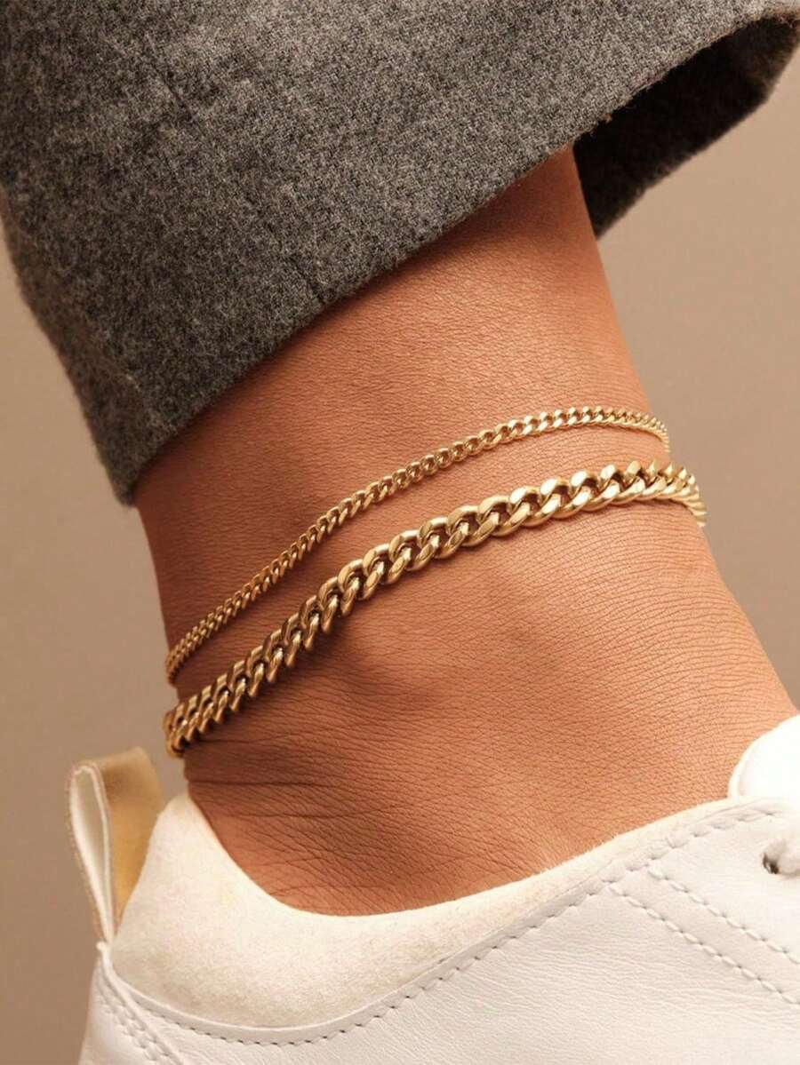 2pcs/Set Minimalist Stainless Steel Simple Chain Anklet For Men - Gold - View 1