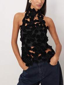 Womens Halter Neck 3D Floral Appliqué Top Featuring A Chic High Neck Design To Sculpt A Flattering Silhouette Perfect For Summer Music Festivals Night Out Clubwear Parties And Fashionable Social Vacation Outings - 黑色 - 查看 2