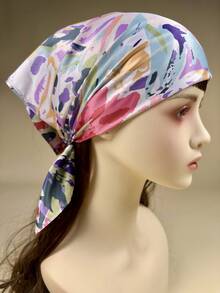 1件装女士抽象花卉图案印花丝巾，优雅缎面领巾头巾发饰 - 彩色 - 查看 2