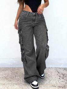 Plus Size Women's Y2K Streetwear Multi-Pocket Straight Leg Cargo Jeans Casual Spring - Light Grey - View 4